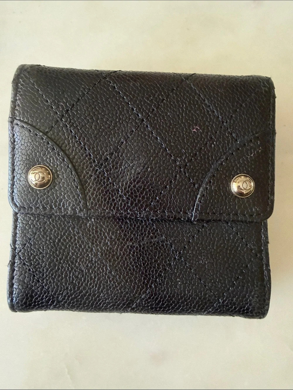 CHANEL Black Quilted Caviar Leather Card & Key Pouch with Gold CC Snaps